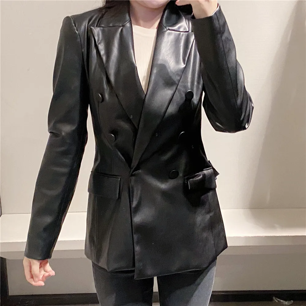 Autumn Winter Women Faux leather Blazer Black Double Breasted Office Lady Suit Coat
