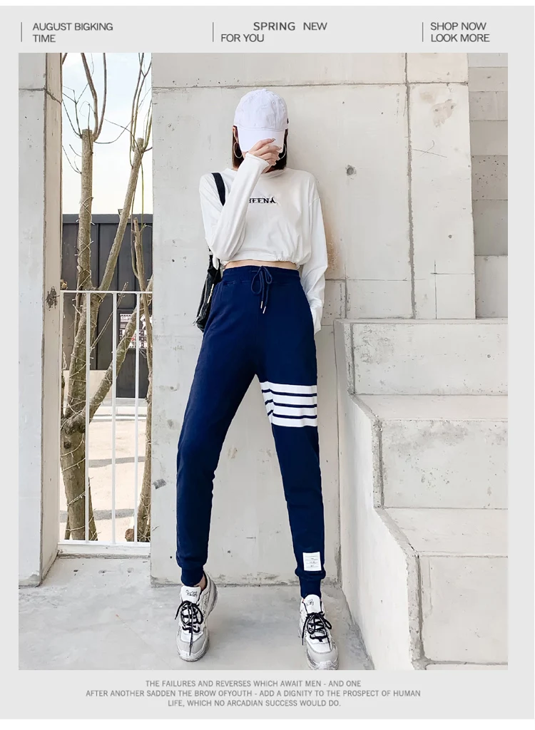 BIVIGAOS Four Bars Cotton Gray Sport Pants Women New Korean Casual Sweatpants Slim Joggers Pants Spring Autumn Sweat Pants