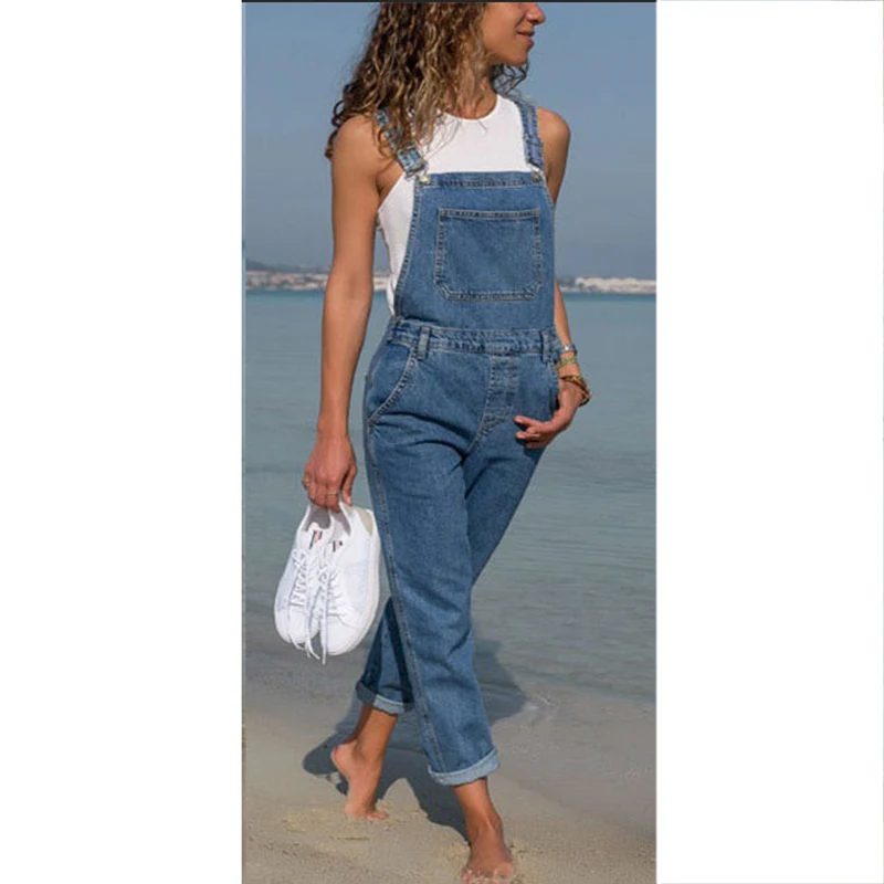 

2019 Women Plus Size S-3XL Solid Vintage Casual Slim Spaghetti Strap Pockets Denim Suspenders Jumpsuits SJ3964M