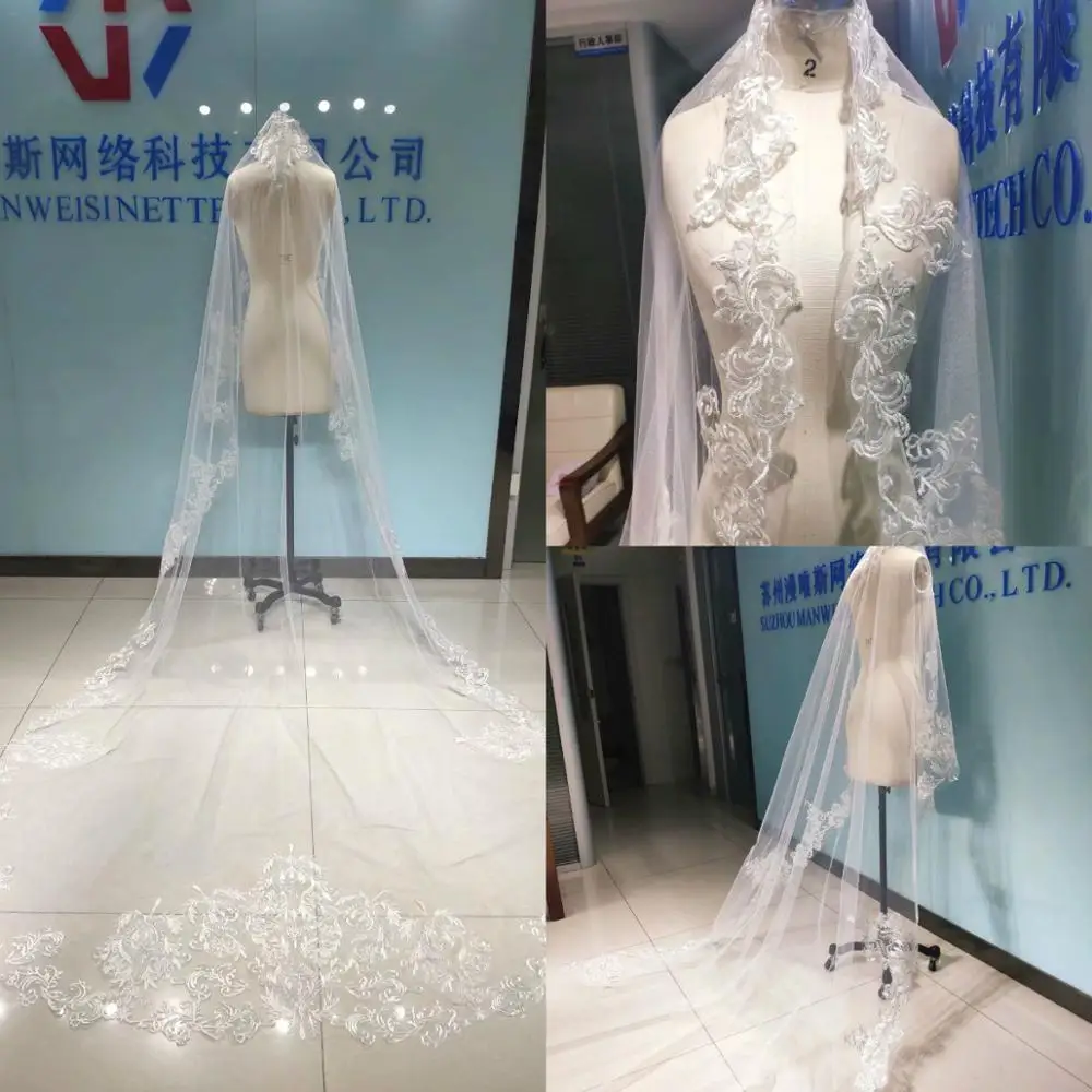 

2020 One Layer Wedding Veils 3 Meters Long Cathedral Length Lace Appliqued Real Image Tulle Bridal Veil With Free Comb