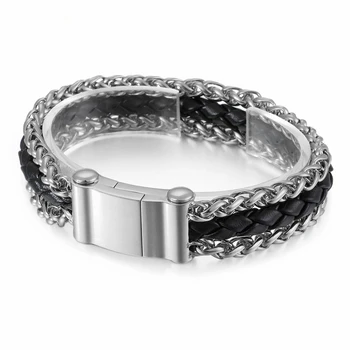 

Punk Stainless Steel Three Layer Link Chain Bracelets For Men 21cm Woven Leather Wrap Bracelet Male Retro Jewelry