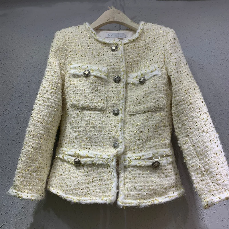 

2019 New Autumn and Winter Small Fragrant Gold Thread Woven Tweed Coat Lady's Single Buckle Wool Coat Short Jackets