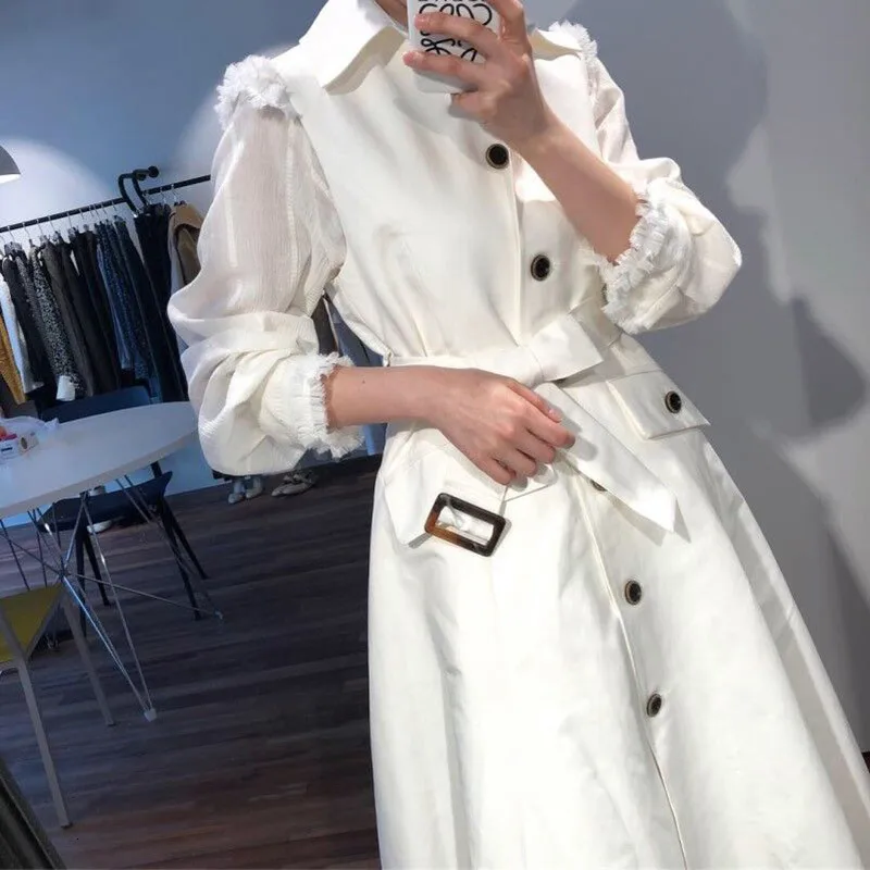 [EWQ] Autumn New Single-breasted Lapel Lacing Ladies Casual Khaki Women Dress Korea Style Loose Sleeveless Tank Dress QL550