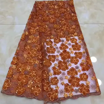 

African 3D Sequins Lace Fabric 2019 High Quality Lace French Sequence Tulle Lace Nigerian Lace Fabrics For Wedding Orange