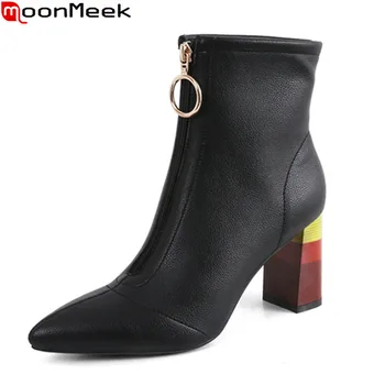 

MoonMeek 2020 new arrive genuine leather women brand boots fashion high heels pointed toe ladies shoes black beige ankle boots