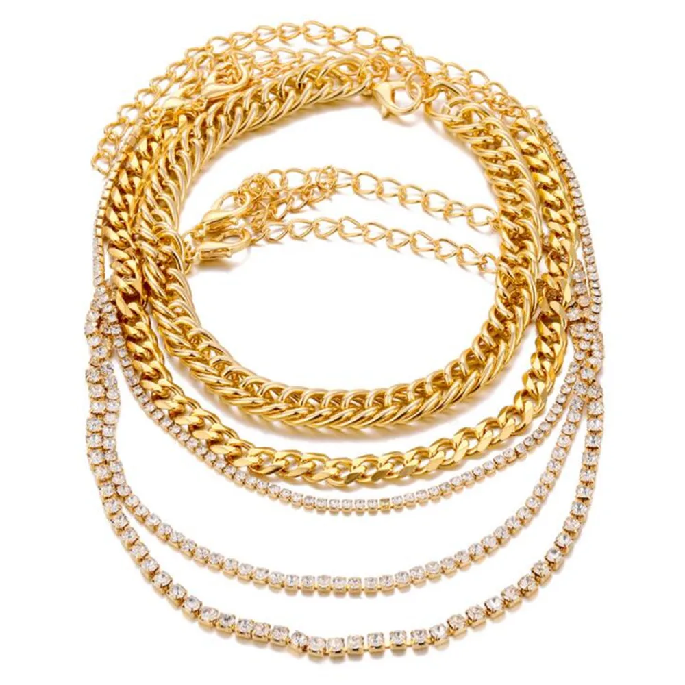 DIEZI 5pc/set Vintage Simple Link Chain Full Rhinestone Anklets For Women Girls Bohemian Leg Ankle Anklet Bracelet Beach Jewelry