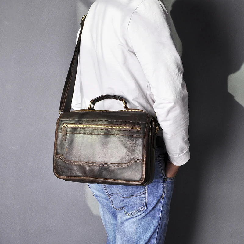 Hot Sale Crazy Horse Leather Design College Shoulder Messenger Cross-body bag For Men Male Mochila Satchel School Tote bag 648