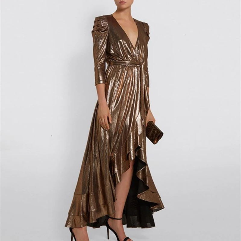 [LIVIVIO] асимметричное гофрированное подол элегантное Макси платье для женщин с v-образным вырезом с высокой талией и поясом, большие размеры, платья женские осень