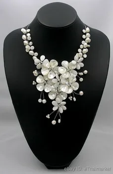 

White Pearl MOP Shell Crystal Glass Flower Necklace 16" Bridal