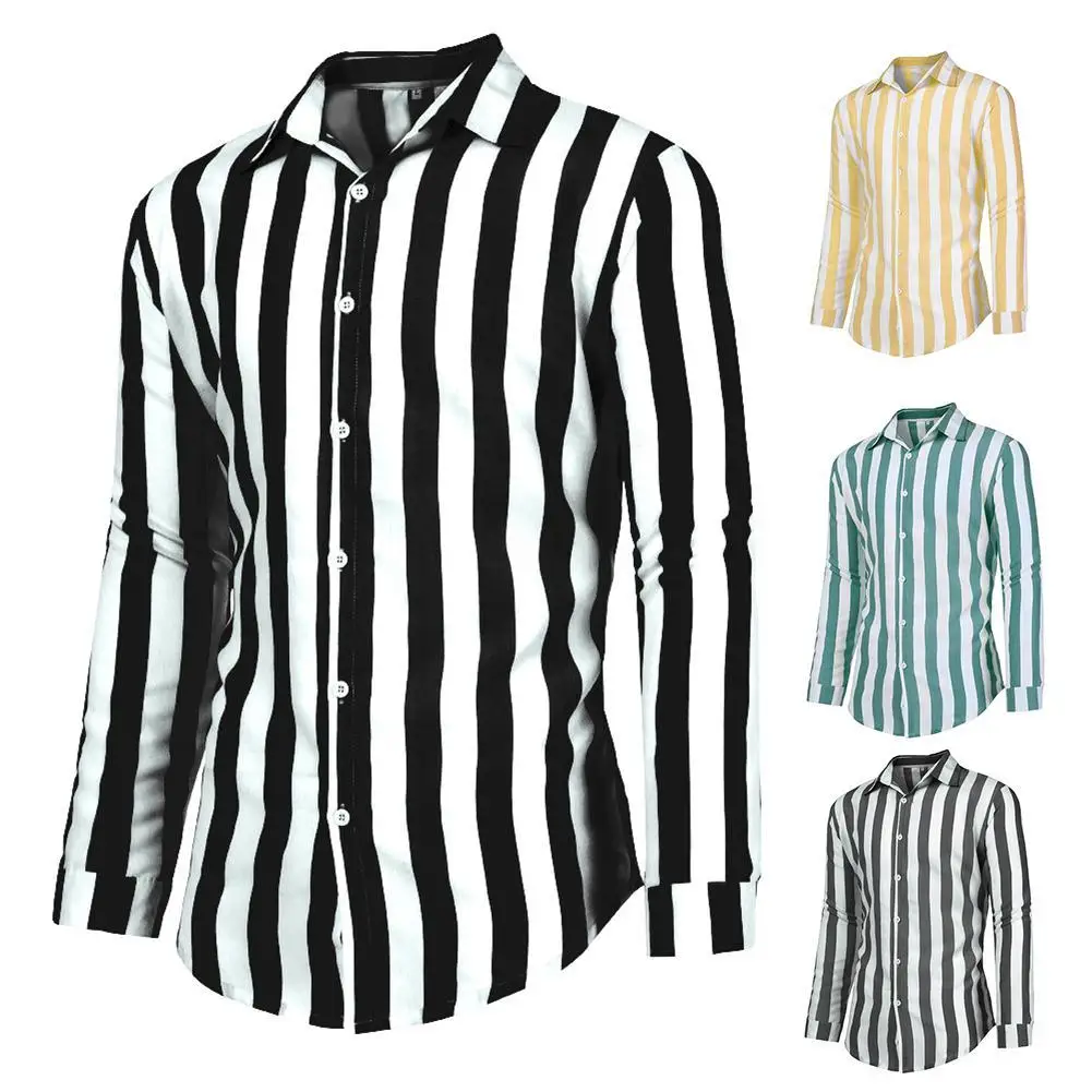 Camiseta de manga larga para hombre, camisa con cuello vuelto, rayas verticales, botones sueltos, a la moda