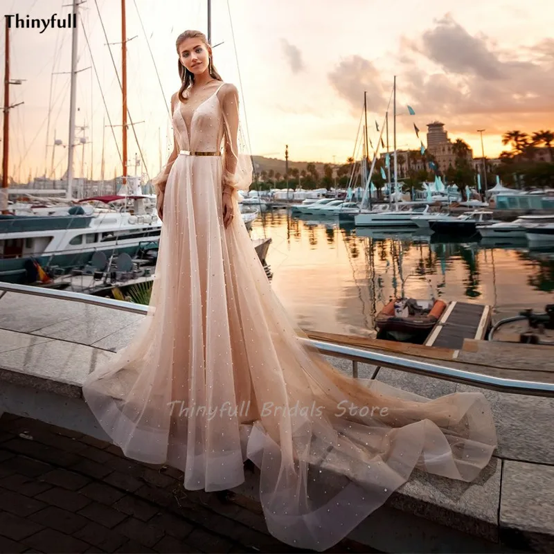 

Thinyfull Long Puffy Sleeves Boho Wedding Dresses Pearls Beaded Illusion A-Line Beach Robe Mariage Gowns Vestido Blanco