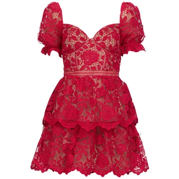 

YAMDI 2020 New arrive high quality red/white dress bohemian runway boho lace embroidery high waist summer patchwork mini dress