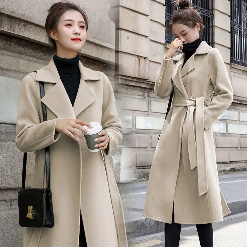 Ladies Wool Coat Womens Long Jacket Double Breasted Belt Outerwear Trench Winter 