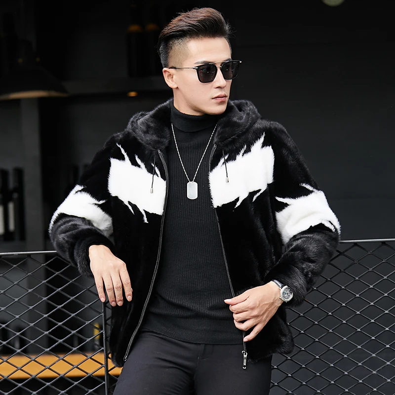 Black white hooded Мужская шуба из настоящей норки, шуба с капюшоном размера плюс, Мужская норковая шуба, Короткие Роскошные куртки, мужские шубы из натурального меха KJ1404 - Цвет: Black white hooded