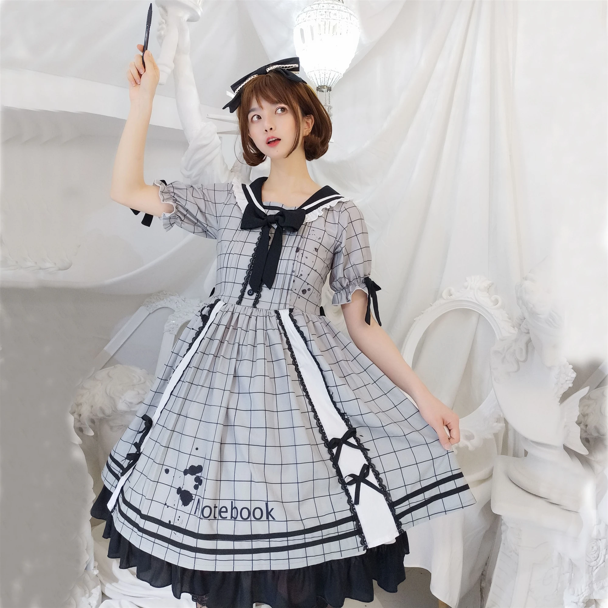 

Japanese college style sweet lolita dress vintage lace bowknot navy collar lattice victorian dress kawaii girl gothic lolita op