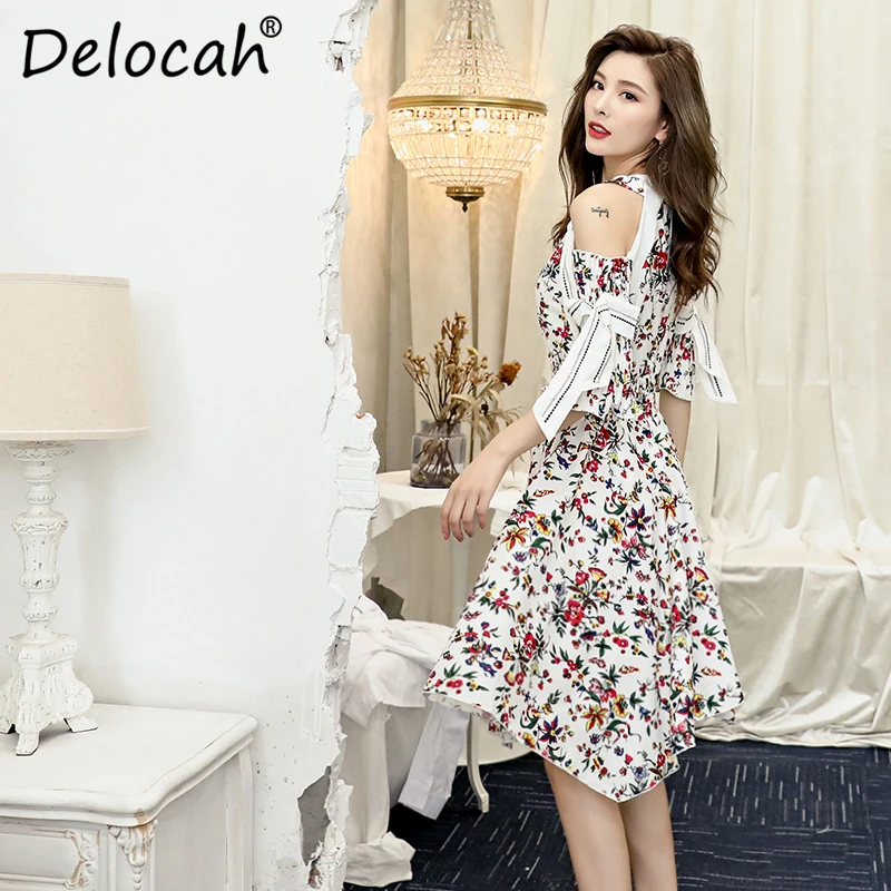Delocah, новое модное осеннее платье для подиума, женское платье с бретелькой на шее, с оборками, Цветочный эластичный пояс с принтом, элегантные винтажные миди платья