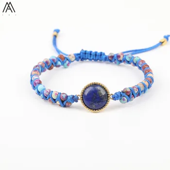

Natural Stone Lapis Beads Charms Braid Wrap Bracelet Handmade Boho Women 4mm Sea Sediment Jaspers Bead Rope Bracelet N0355-1AMBB