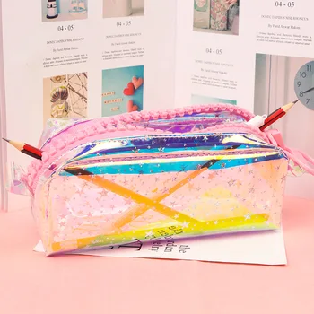

Big Zipper Transparent Laser Pencil Case Fashion Large Capacity Pencil box Cosmetic bag Stationery gift School Supplies Zakka