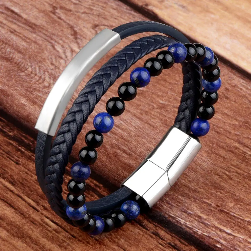 Genuine Leather Men Bracelets Natural Stone Tiger Eye Beads Multilayer Leather Bracelets For Man Jewelry leather bracelets
