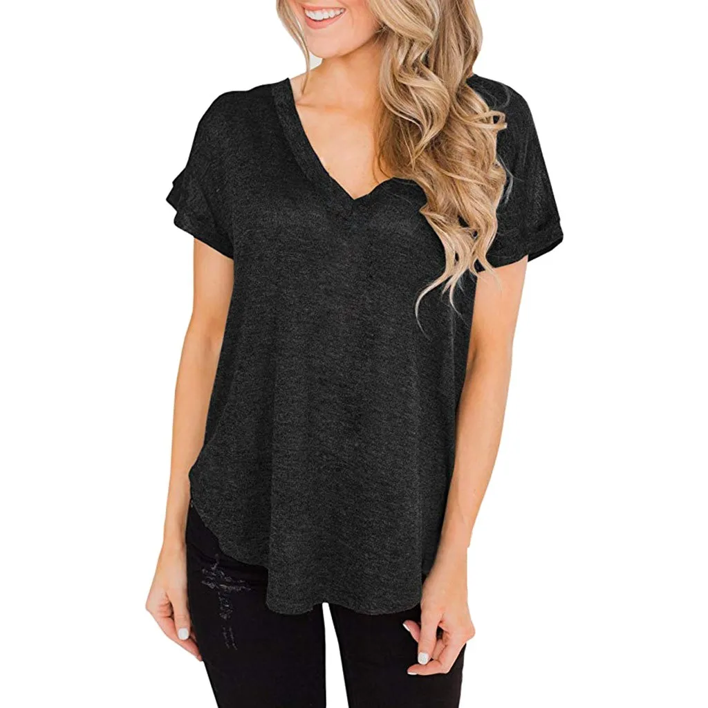JAYCOSIN Fashion Slim Clothing T-shirt Women Loose V-neck Short Sleeve Back lace-up Solid Color T Shirt Summer Simple Lazy Tops | Женская