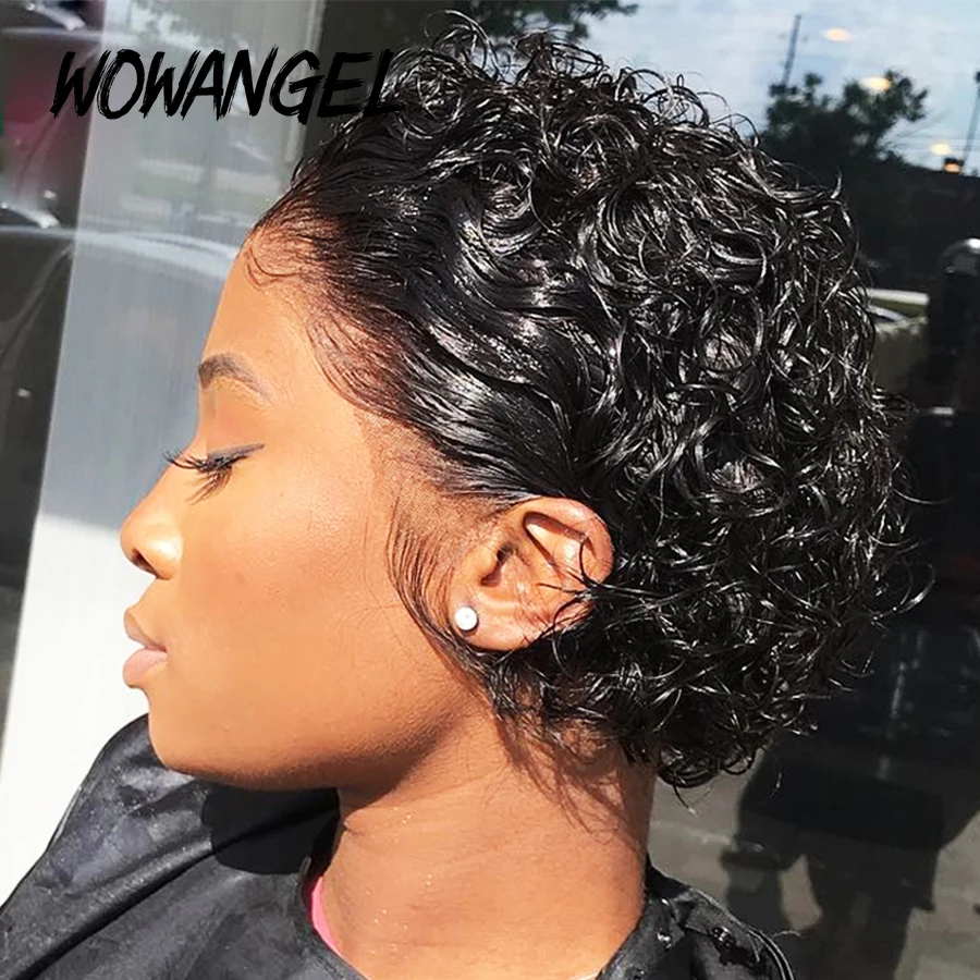 Peruca de Cabelo Frente do Laço Perucas de Cabelo Perucas de Frente do Laço Encaracolado Curto Pixie Corte Humano Pré Arrancado Nós Descorados Perucas Bob Peruca de 7 Apliques e perucas
