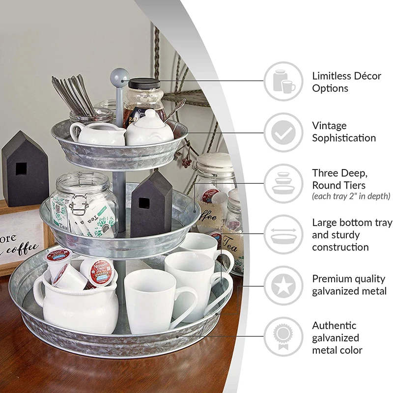 3 Tier Cake Stand Galvanized Metal Serving Tray Plant Dessert Cupcake Fruit Tiered Platter Vintage Decor for Home Party Kitchen