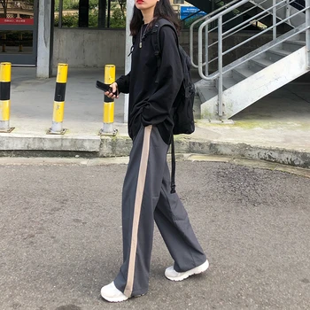 

ZCWXM 2020 Summer Women Wide Leg Pants High Elastic Waist Casual Striped Patchwork Sweat Sporty joggers Lady Wide Leg Trousers