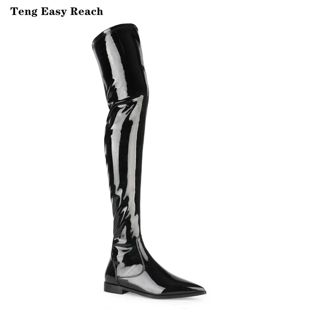

2020 New cow patent leather Women Boots Black Over the Knee Boots Sexy Female Autumn Winter lady Thigh High Boots 34-45