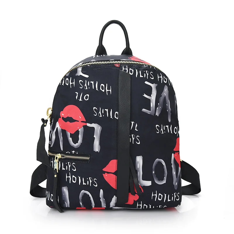 

2017 New Korean Popular Brand Women's Waterproof Nylon Cloth Printed Backpack with Cowhide Backpack Handbag