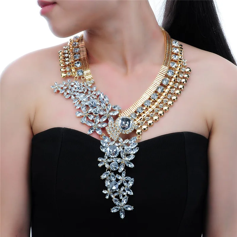 Fashion Gold Chain Acrylic Resin Crystal Choker Statement Pendant Bib Necklace Collar Women