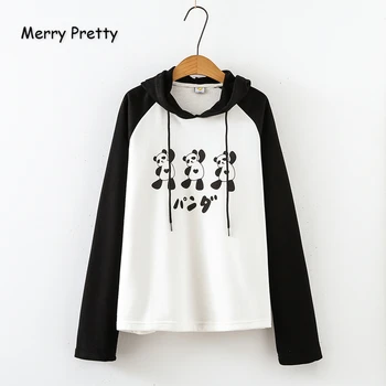 

Merry Pretty Women's Cartoon Panda Harajuku Hoodies Sweatshirts 2019 Winter Long Sleeve Drawstring Patchwork Hooded Pullovers