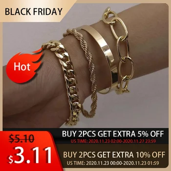 

PuRui 4pcs Punk Curb Cuban Chain Bracelets Set for Women Miami Boho Thick Gold Color Charm Bracelets Bangles Fashion Jewelry