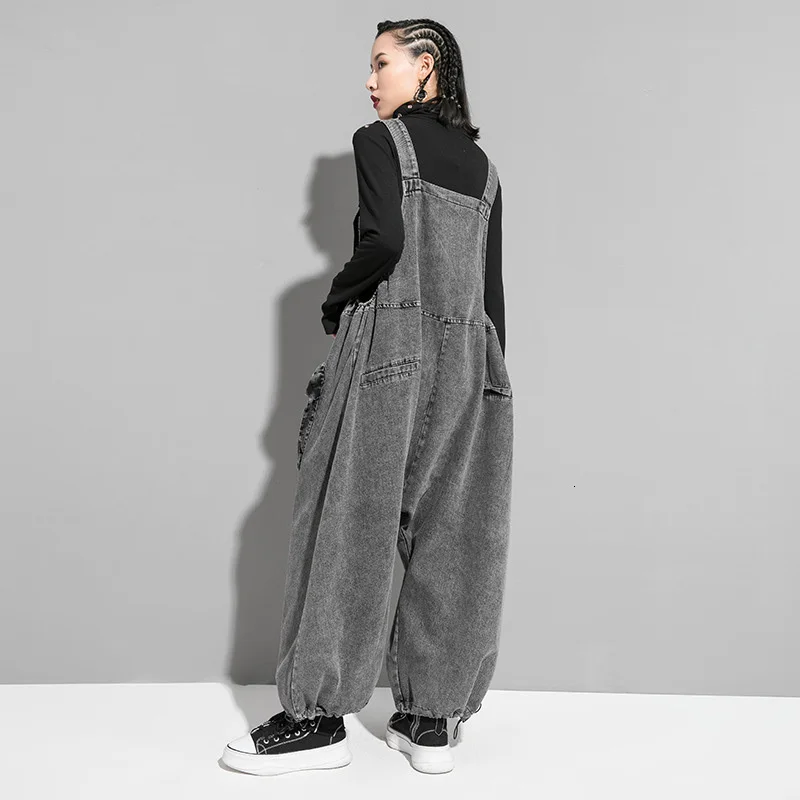 [EAM] High Waist Black Pocket Split Denim Overalls Trousers New Loose Fit Pants Women Fashion Tide Spring Autumn 1K164