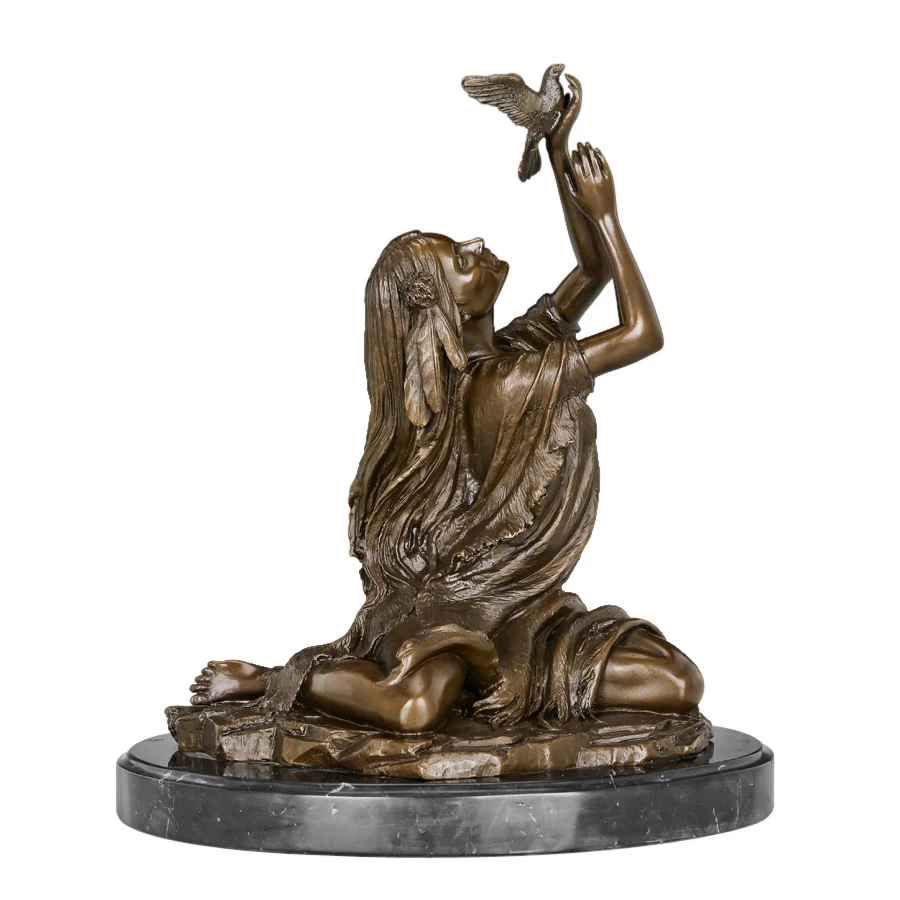 Indian Girl Release Pigeon Statue Bronze Hope for Peace and Lucky North Female Sculpture Figurine for Decor Souvenir
