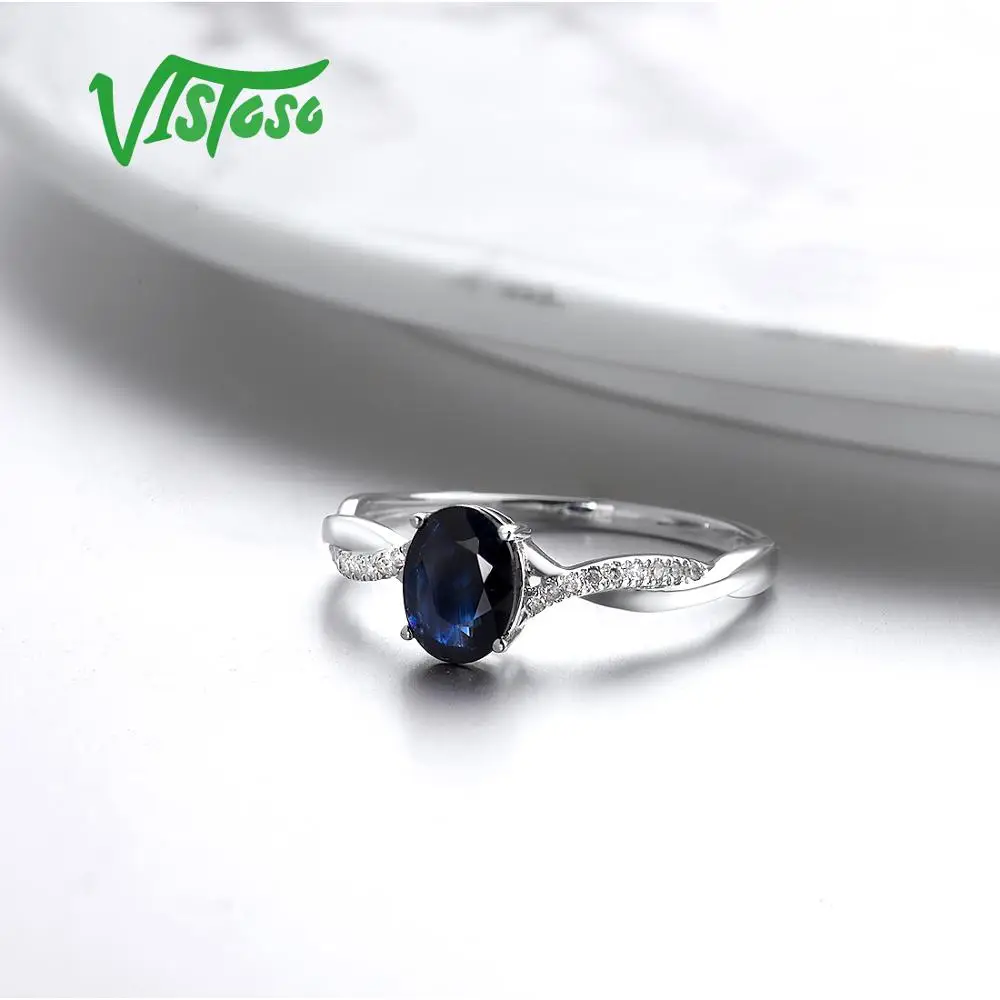 VISTOSO кольцо из чистого белого золота 14 к 585 пробы для женщин, кольцо из сияющей алмазы, синий сапфир, Роскошные Свадебные Элегантные ювелирные украшения для помолвки