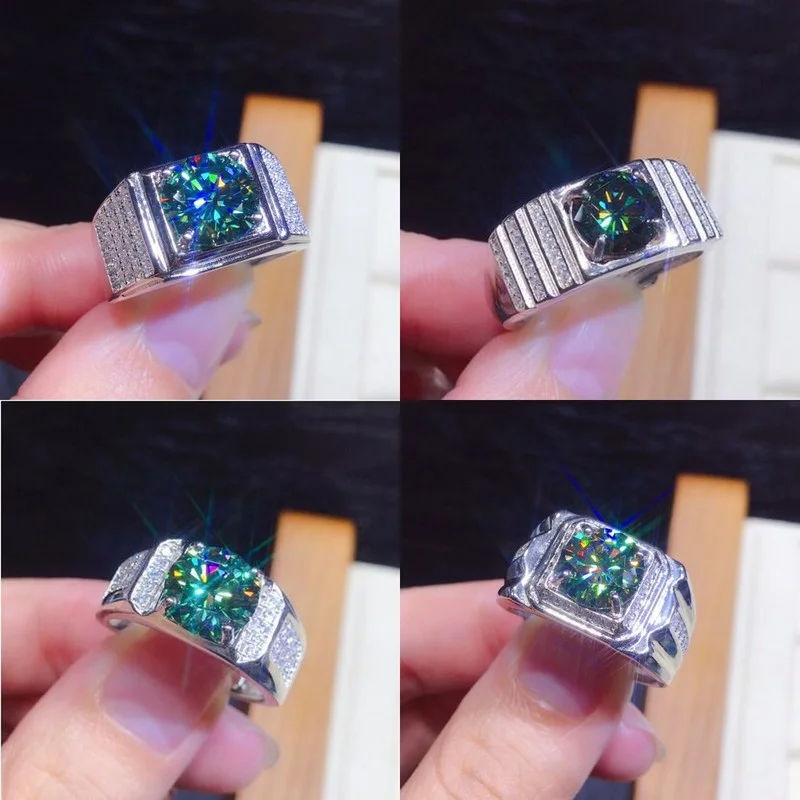 Male 3ct Lab Green Moissanite Ring 925 sterling silver Wedding band Rings for Men silver ring silver rings wedding rings moissanite ring