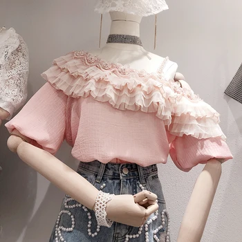 

European Style Pink Lace Blouse for Women 2020 Summer New Beaded Flowers Lotus Leaf Short Sleeve Chiffon Shirt Female Blouses