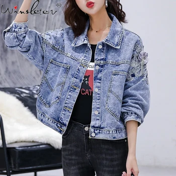 

Autumn Winter Loose Korean Clothes Denim Jacket Boyfriend Shiny Rivet Embroidery Women Coat Cowboy Outerwear Tops 2020 C07310