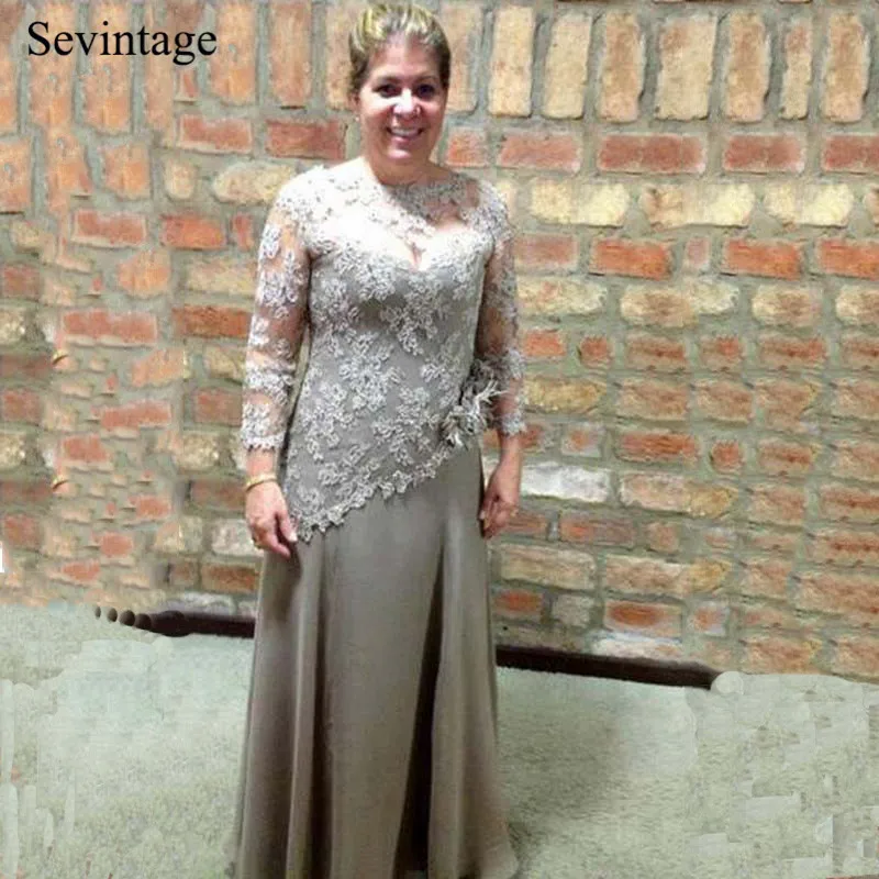 Buena suerte ama de casa Personas mayores Sevintage vestido largo de encaje para madre de la novia, manga de chifón  3/4, ilusión de tul, para fiesta de boda, vestidos de Madre de madrina|Vestidos  para la madre de la novia| -