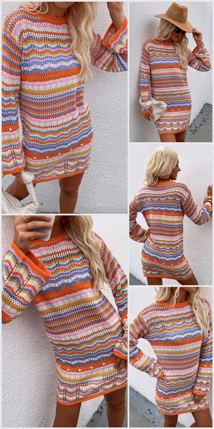 Vestido playero de crochet para mujer, sexy, bohemio, de manga larga, informal, con aberturas, para fiesta y otoño