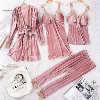 

Sexy Female Sleepwear Robe 4 Pieces Sling Nightwear Women Long-sleeved Nightgown Lace Sleep Set Gold velvet 3 Pcs Home Clothes