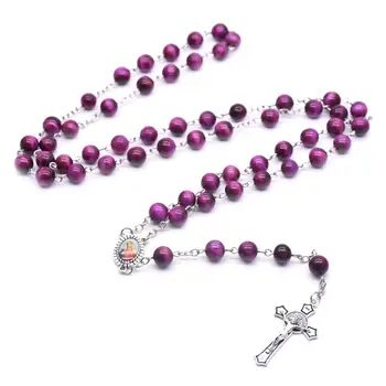 

8mm Rosary Prayer Beads Tiger Eye Stone Necklace Virgin Cross Christian Catholic Religious Jewelry Charm Gift for Man Woman