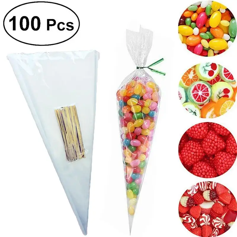 

100PCS Transparent Cone Bags Clear Cello Bags Sweets Treat Bags with Gold Twist Ties (13 x 25cm)