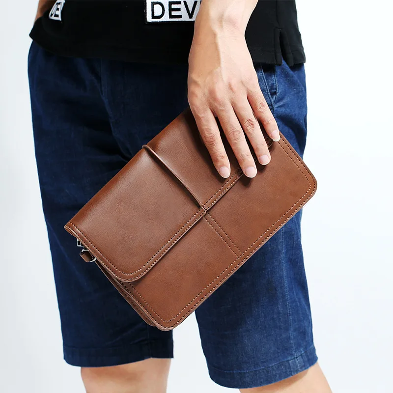 

Leather Mens Day Clutches Vintage Big Hand Purse Wallet Clutch Bag With Wrist Belt Hand-held Makeup Washing Travel Bag Gift