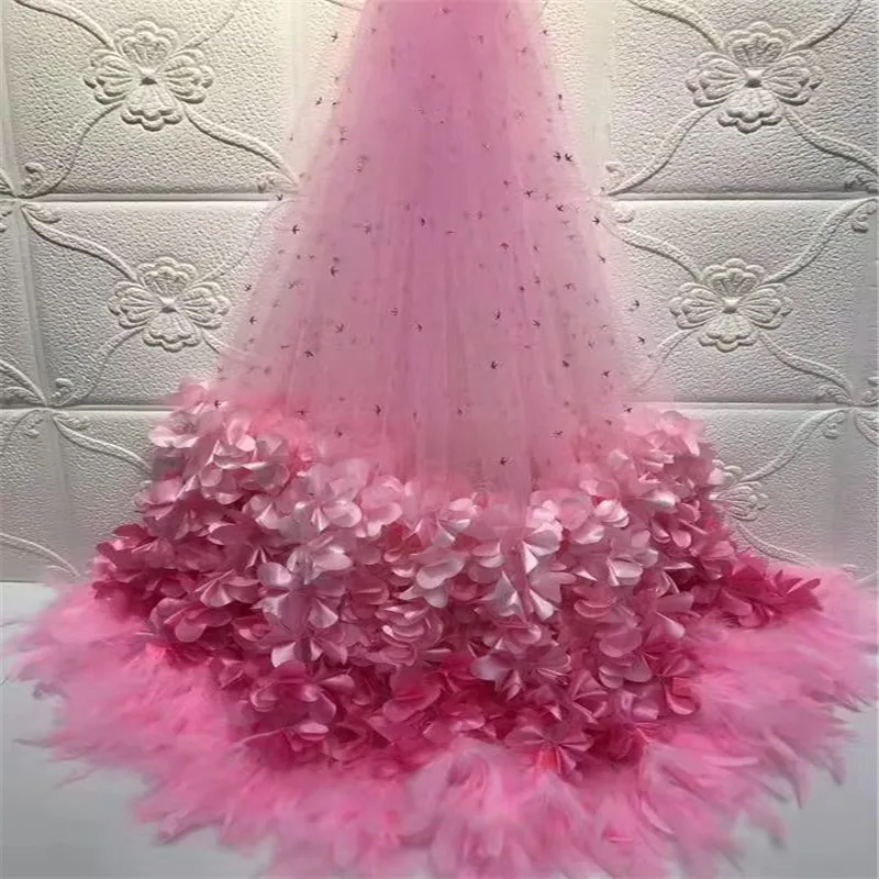 

Pink 3D Feather Lace Fabric 2019 High Quality Mesh Embroidery Applique 3D Flower Tulle Nigerian Lace Fabrics For Bridal