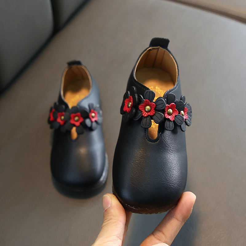 Lovely Children Girls Princess Shoes Pure Color Leather Shoes Bowknot Flower Flat Casual  Shoe Lightweight SHS006