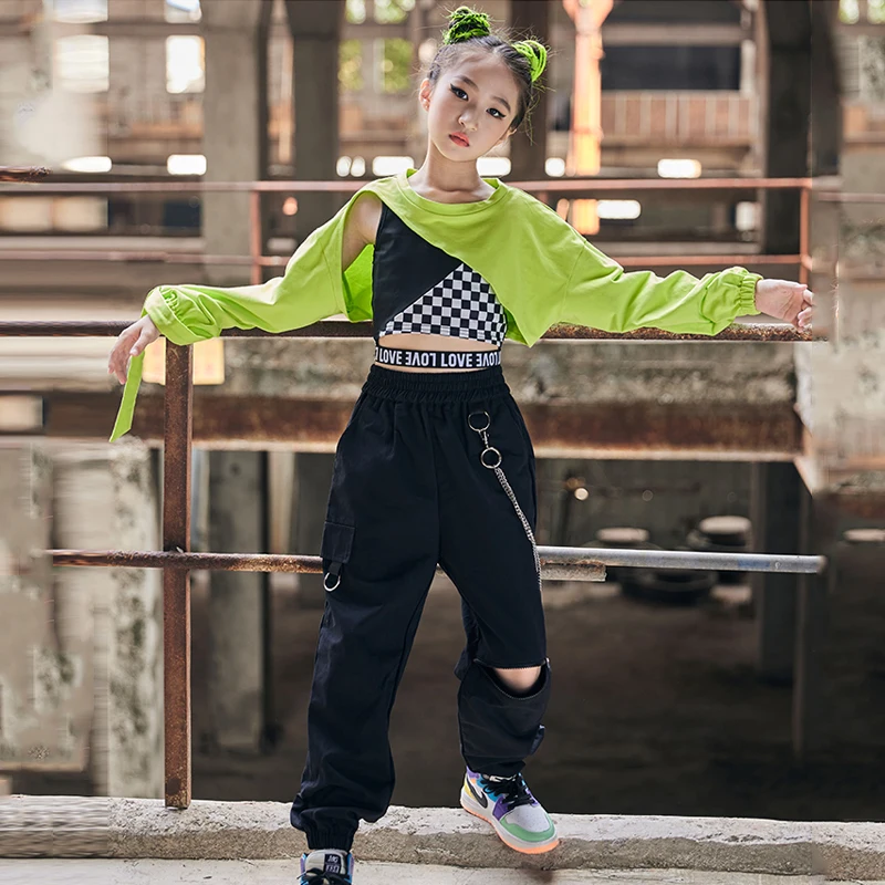 

Hip Hop Girls Clothes Green Long Sleeves Tops Black Pants Jazz Practice Concert Stage Performance Costume Rave Clothes BL7302