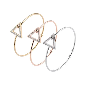 

100% Stainless Steel Wire Open Bangles For Women Metal Zircon Iced Out Triangle Ajustable Babgle Wholesale 10pcs