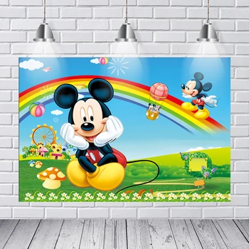 

Mickey and Minnie Mouse Cartoon Backdrop for Photography 7x5ft Vinyl Wooden House Green Grass BBQ Background for Outdoor Party