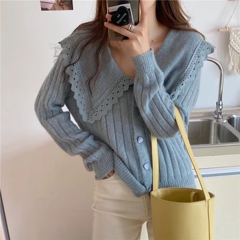 

2020 New Autumn Winter Women Sweater Cardigans Long Sleeve Single Breasted Ruffle Trim Ladies Knitted Coat Elegant Knitting